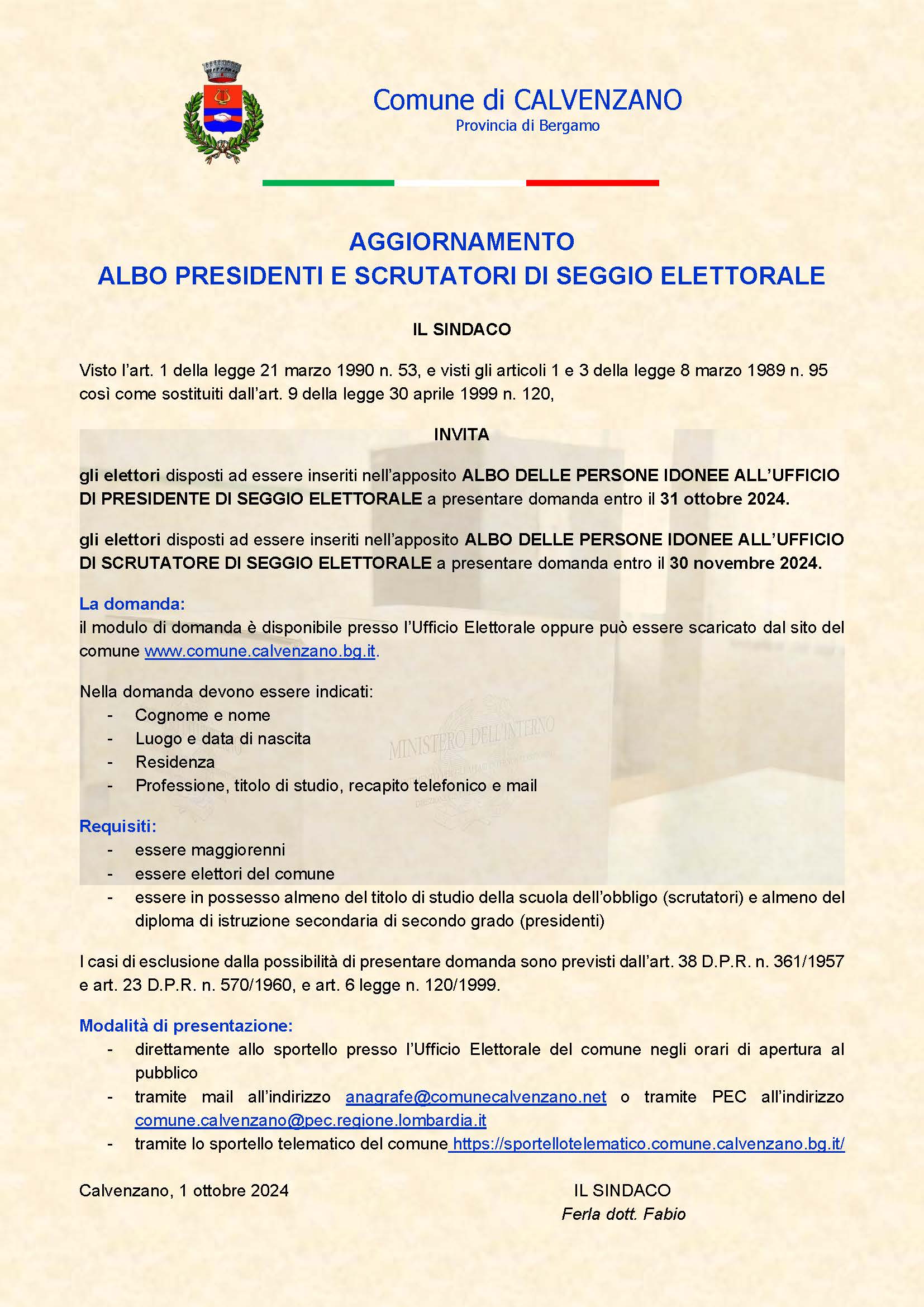 avviso aggiornamento albo presidenti e scrutatori 2024